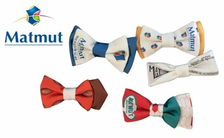 Nœud papillon personnalisé pour un départ en retraite de quelqu'un très important de l'entreprise Matmut (impression personnalisée sur tissu)